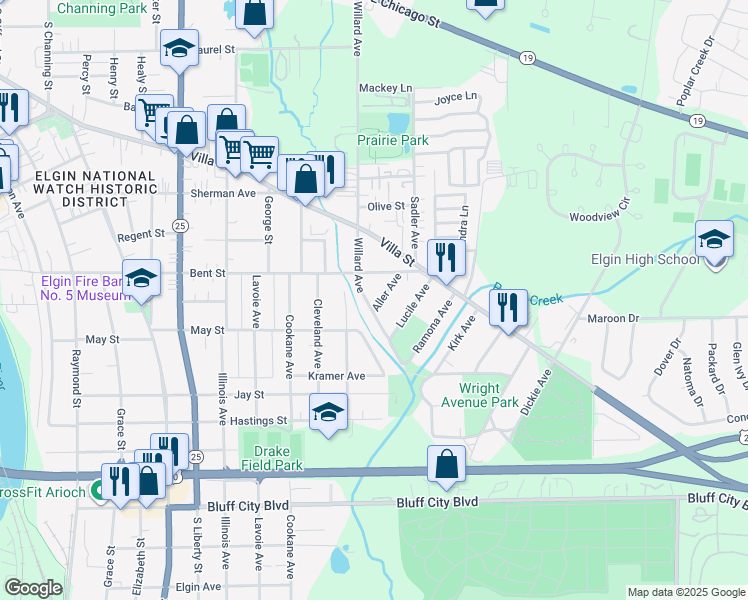 map of restaurants, bars, coffee shops, grocery stores, and more near 536 Willard Avenue in Elgin