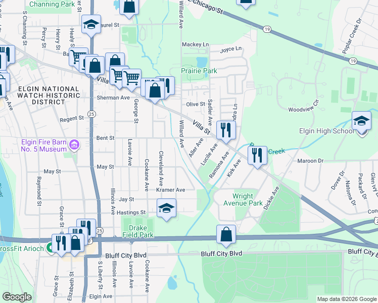 map of restaurants, bars, coffee shops, grocery stores, and more near 536 Willard Avenue in Elgin