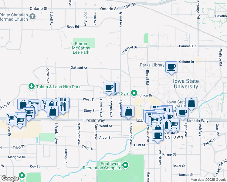 map of restaurants, bars, coffee shops, grocery stores, and more near 2823 West Street in Ames