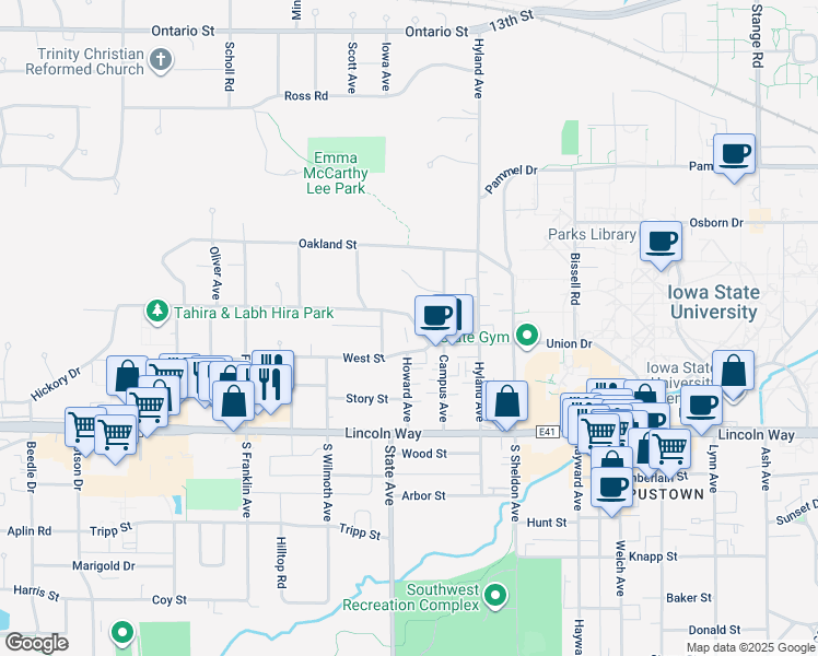 map of restaurants, bars, coffee shops, grocery stores, and more near 2921 Woodland Street in Ames
