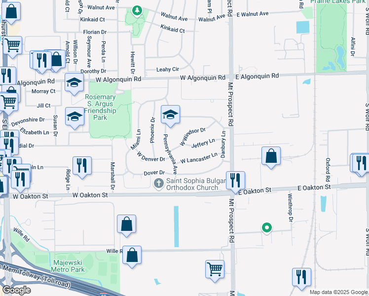 map of restaurants, bars, coffee shops, grocery stores, and more near 175 West Windsor Drive in Des Plaines