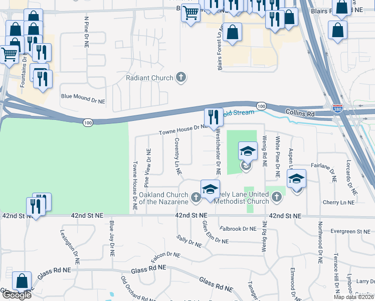 map of restaurants, bars, coffee shops, grocery stores, and more near 4605 Lancaster Drive Northeast in Cedar Rapids