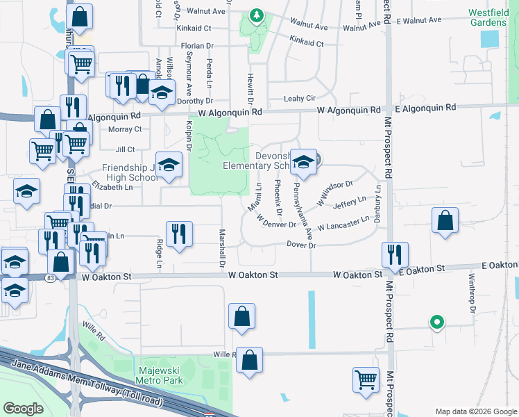 map of restaurants, bars, coffee shops, grocery stores, and more near 300 West Denver Drive in Des Plaines