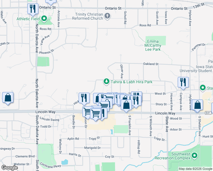 map of restaurants, bars, coffee shops, grocery stores, and more near 3622 Woodland Street in Ames