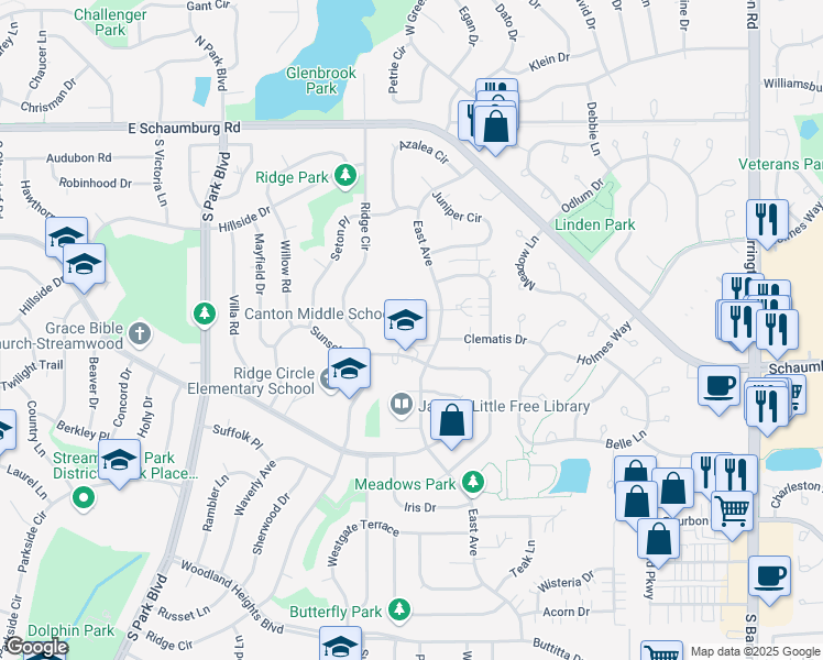 map of restaurants, bars, coffee shops, grocery stores, and more near 1100 Sunset Circle in Streamwood