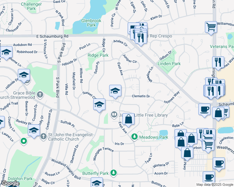 map of restaurants, bars, coffee shops, grocery stores, and more near 1100 Sunset Circle in Streamwood