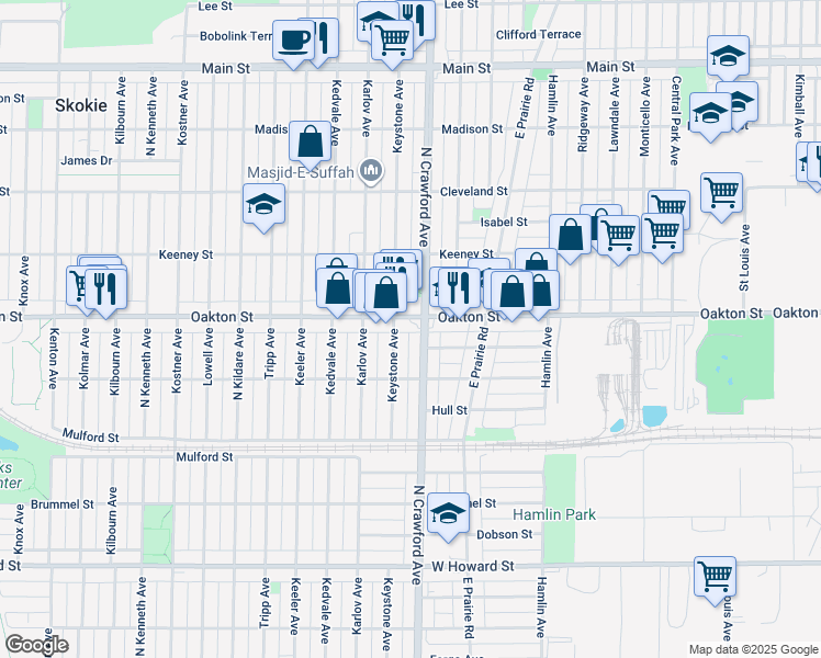 map of restaurants, bars, coffee shops, grocery stores, and more near in Skokie