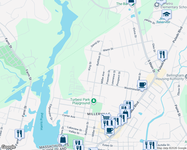map of restaurants, bars, coffee shops, grocery stores, and more near 702 Rathbun Street in Blackstone