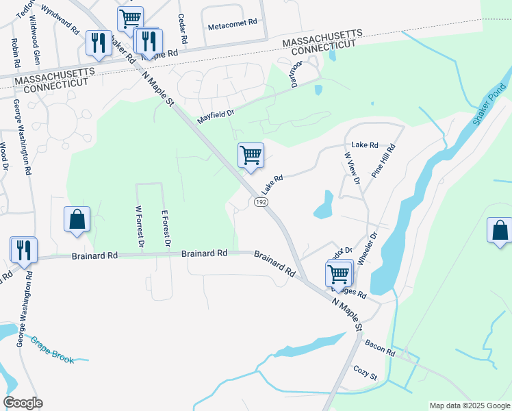 map of restaurants, bars, coffee shops, grocery stores, and more near 321 North Maple Street in Enfield