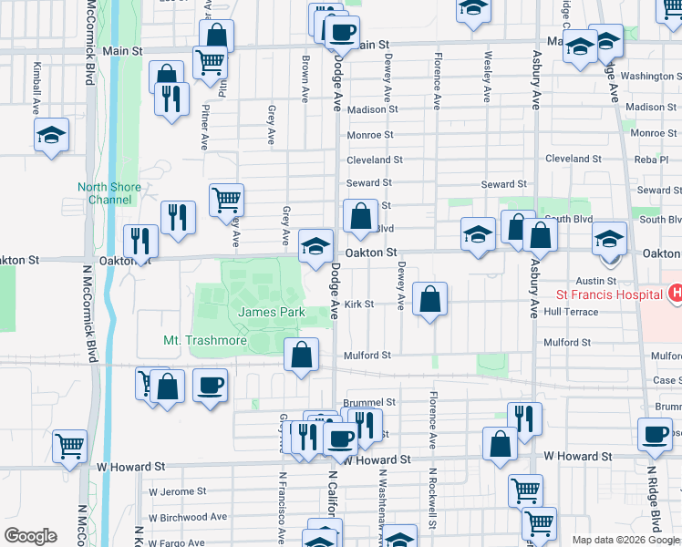 map of restaurants, bars, coffee shops, grocery stores, and more near 421 B Dodge Avenue in Evanston