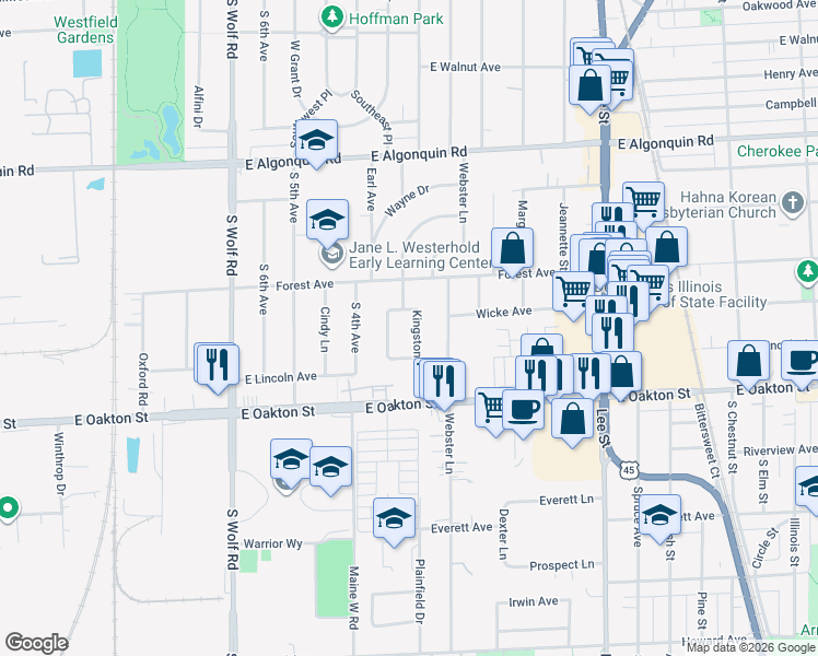 map of restaurants, bars, coffee shops, grocery stores, and more near 1497 Kingston Court in Des Plaines