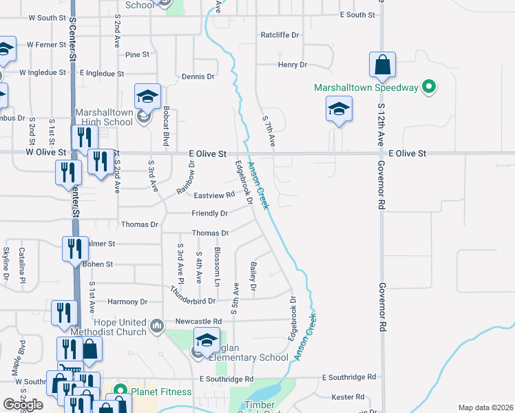 map of restaurants, bars, coffee shops, grocery stores, and more near 1814 Edgebrook Drive in Marshalltown