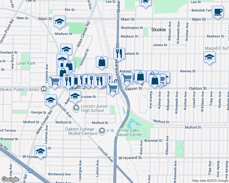map of restaurants, bars, coffee shops, grocery stores, and more near 4815 Oakton Street in Skokie