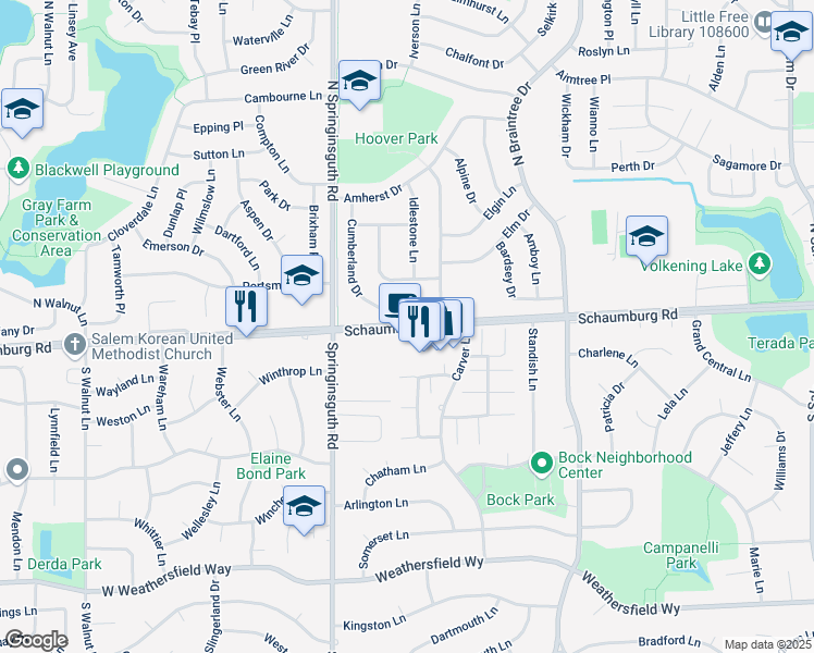 map of restaurants, bars, coffee shops, grocery stores, and more near 1457 West Schaumburg Road in Schaumburg
