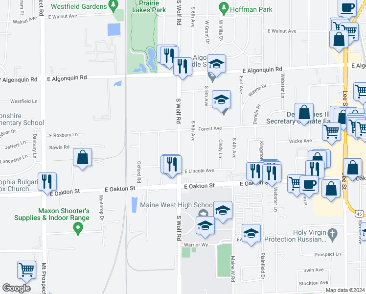 map of restaurants, bars, coffee shops, grocery stores, and more near 1449 South Wolf Road in Des Plaines