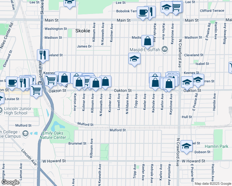 map of restaurants, bars, coffee shops, grocery stores, and more near 7937 Lowell Avenue in Skokie