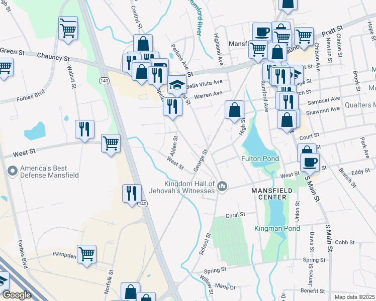 map of restaurants, bars, coffee shops, grocery stores, and more near 20 Copeland Drive in Mansfield