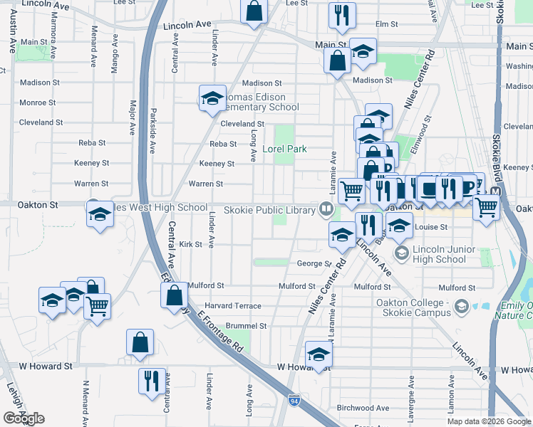 map of restaurants, bars, coffee shops, grocery stores, and more near 7929 Long Avenue in Skokie