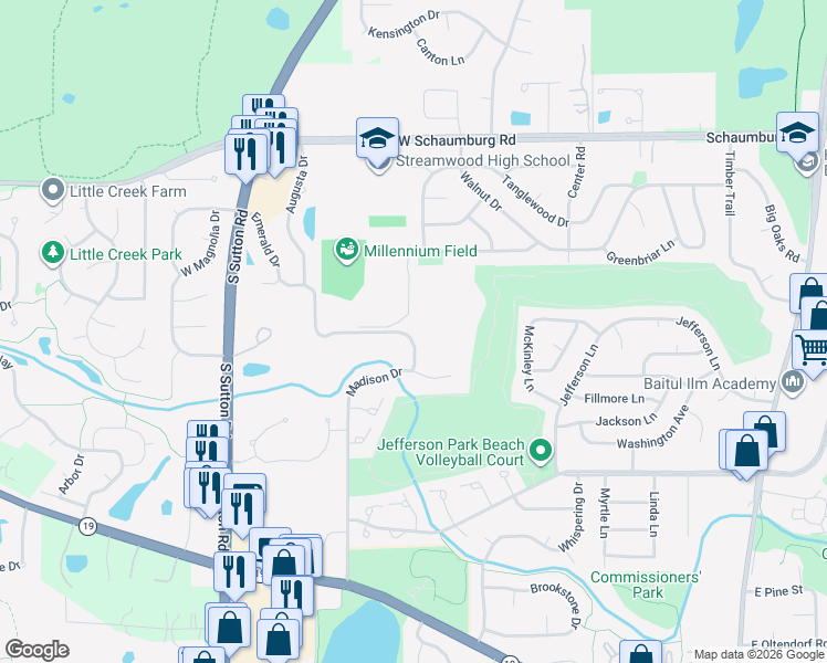 map of restaurants, bars, coffee shops, grocery stores, and more near 323 Emerald Drive in Streamwood
