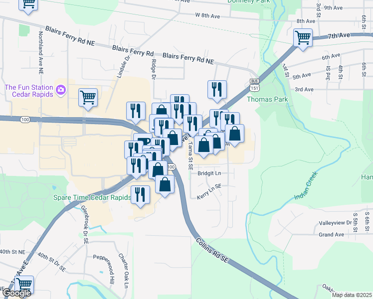 map of restaurants, bars, coffee shops, grocery stores, and more near 4700 Tama Street Southeast in Cedar Rapids