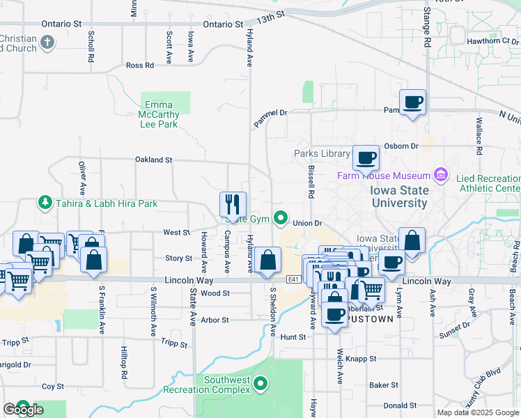 map of restaurants, bars, coffee shops, grocery stores, and more near 2721 West Street in Ames