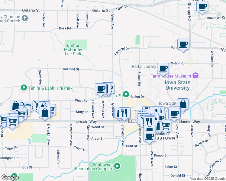 map of restaurants, bars, coffee shops, grocery stores, and more near 2721 West Street in Ames
