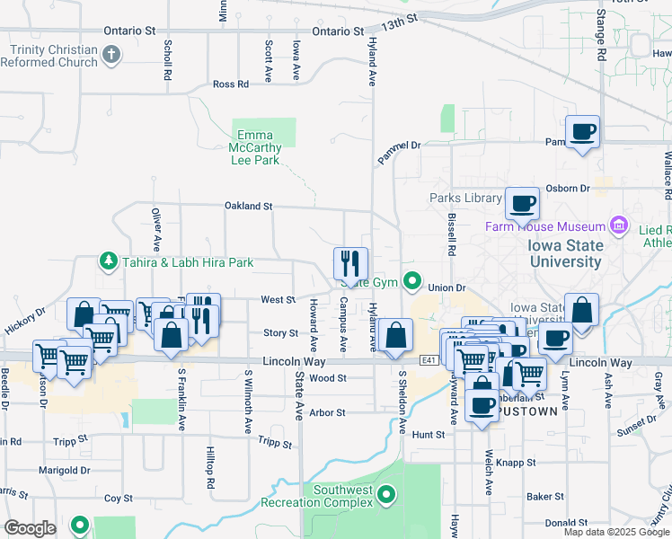 map of restaurants, bars, coffee shops, grocery stores, and more near 2823 West Street in Ames