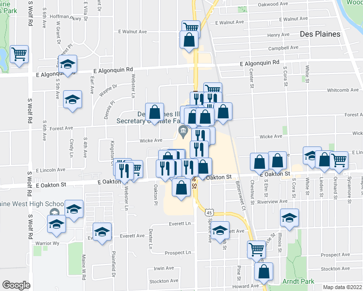map of restaurants, bars, coffee shops, grocery stores, and more near 1500 Lee Street in Des Plaines