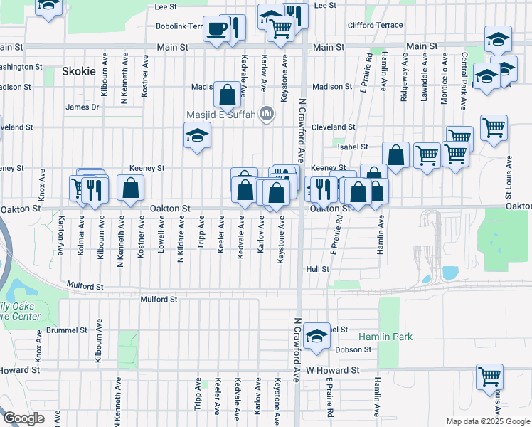 map of restaurants, bars, coffee shops, grocery stores, and more near 7935 Karlov Avenue in Skokie