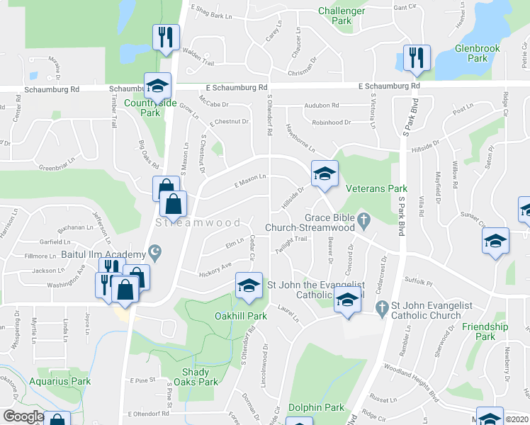 map of restaurants, bars, coffee shops, grocery stores, and more near 306 South Oltendorf Road in Streamwood