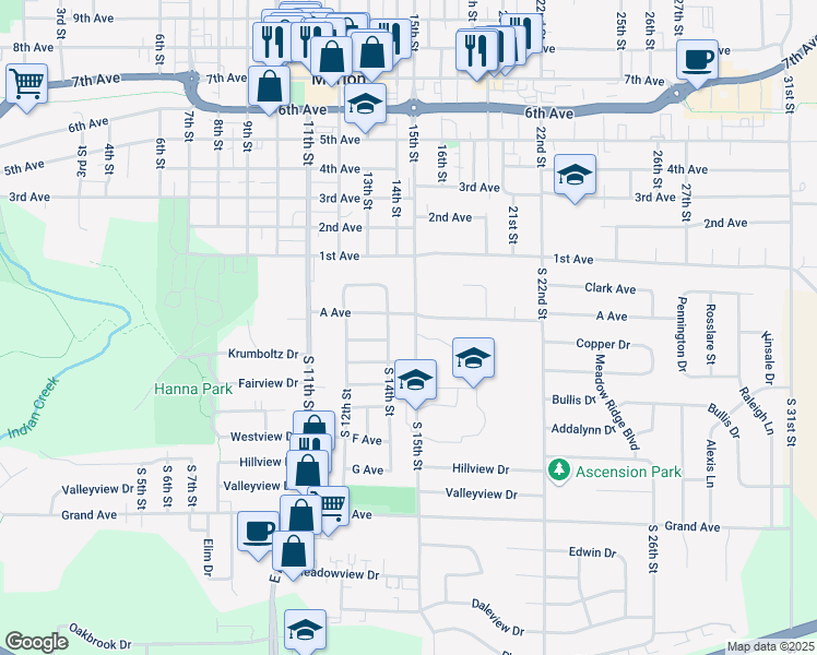 map of restaurants, bars, coffee shops, grocery stores, and more near 340 South 15th Street in Marion