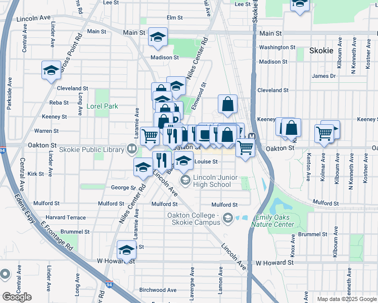 map of restaurants, bars, coffee shops, grocery stores, and more near 5010 Louise Street in Skokie