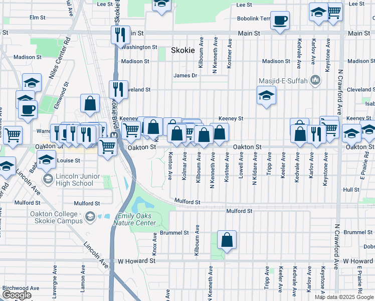 map of restaurants, bars, coffee shops, grocery stores, and more near 7935 Kolmar Avenue in Skokie