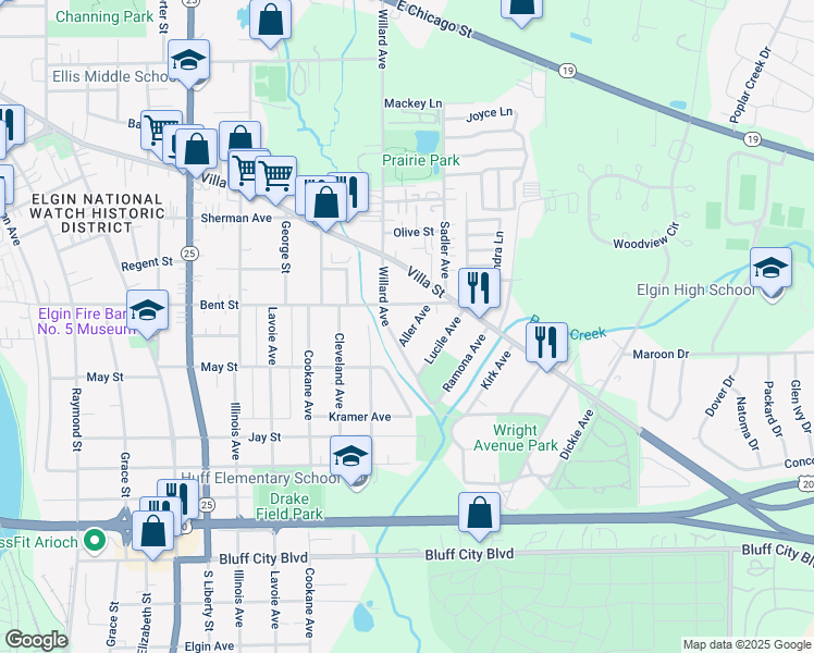 map of restaurants, bars, coffee shops, grocery stores, and more near 536 Aller Avenue in Elgin