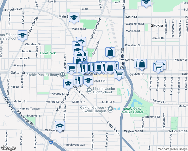 map of restaurants, bars, coffee shops, grocery stores, and more near 5010 Louise Street in Skokie