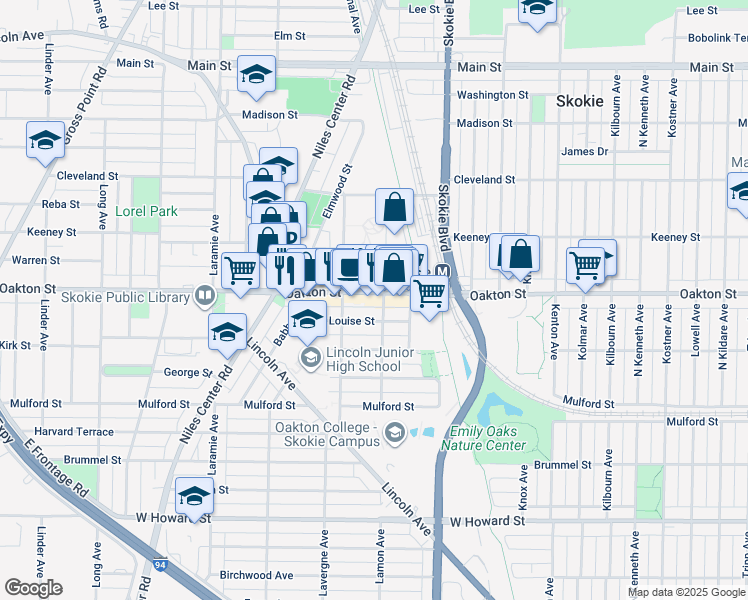 map of restaurants, bars, coffee shops, grocery stores, and more near 4900 Louise Street in Skokie