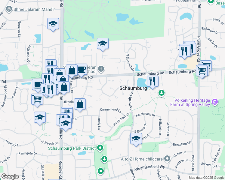 map of restaurants, bars, coffee shops, grocery stores, and more near 271 King's Mill Court in Schaumburg
