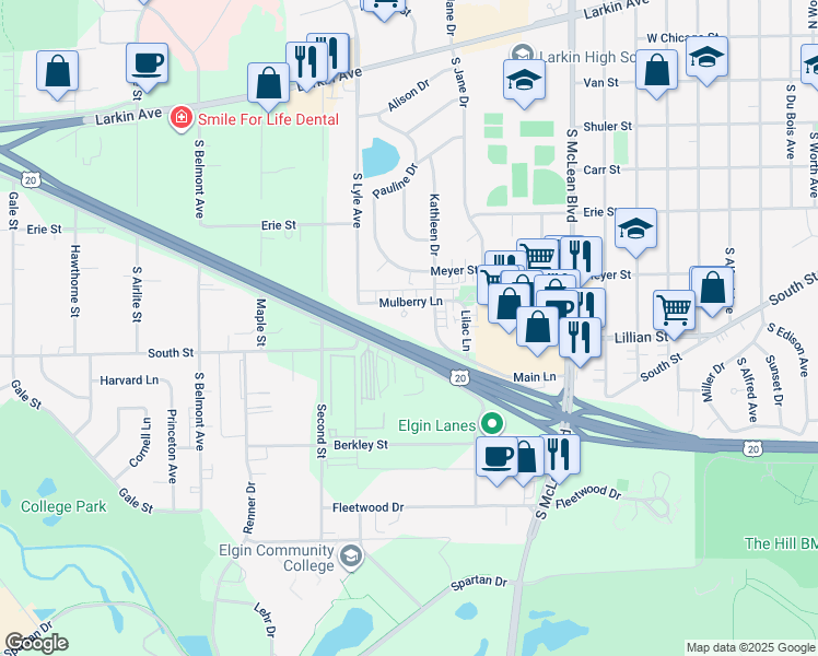 map of restaurants, bars, coffee shops, grocery stores, and more near 1643 Mulberry Court in Elgin