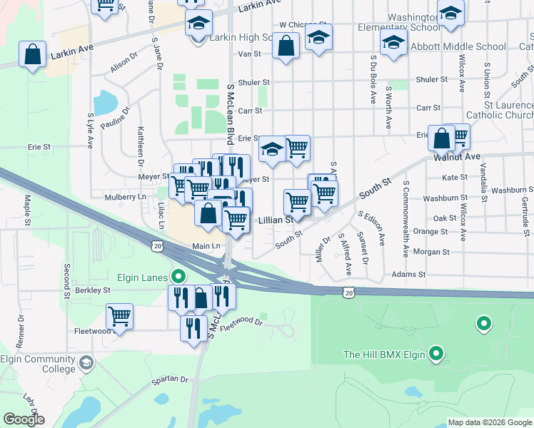 map of restaurants, bars, coffee shops, grocery stores, and more near 302 South Clifton Avenue in Elgin