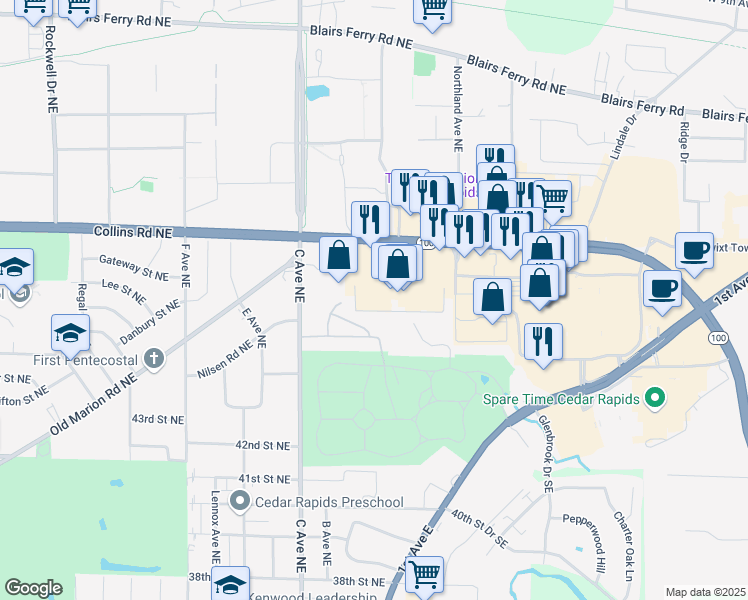 map of restaurants, bars, coffee shops, grocery stores, and more near 361 Collins Road Northeast in Cedar Rapids