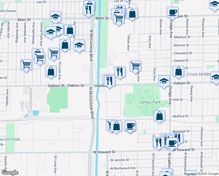 map of restaurants, bars, coffee shops, grocery stores, and more near 2494 Oakton Street in Evanston