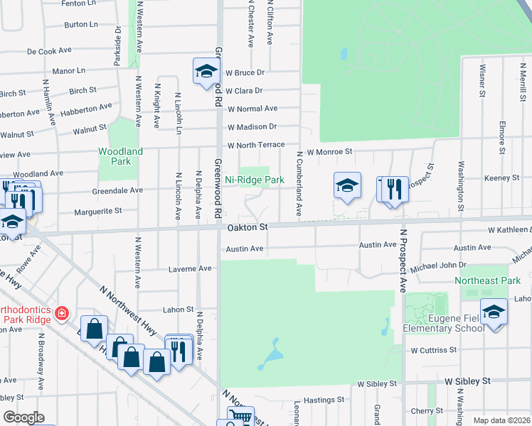map of restaurants, bars, coffee shops, grocery stores, and more near 1025 Oakton Street in Park Ridge