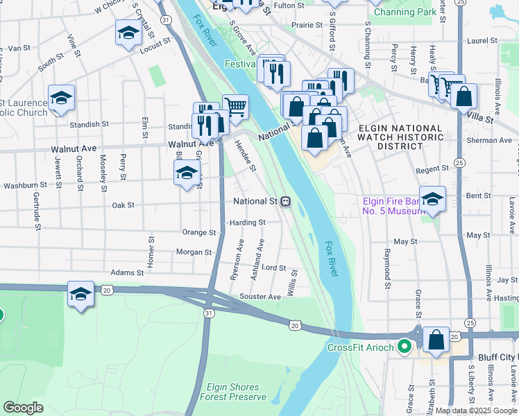 map of restaurants, bars, coffee shops, grocery stores, and more near 114 Harding Street in Elgin