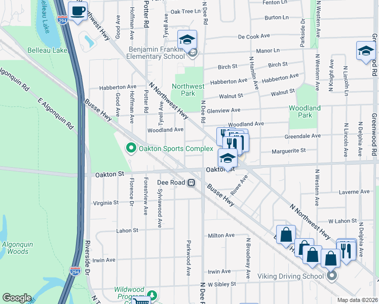 map of restaurants, bars, coffee shops, grocery stores, and more near 2325 Edna Avenue in Park Ridge