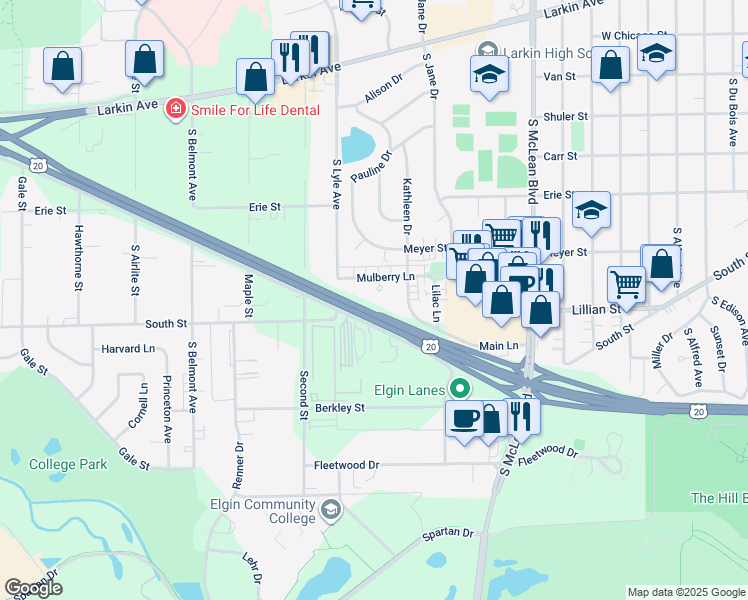 map of restaurants, bars, coffee shops, grocery stores, and more near 1643 Mulberry Court in Elgin