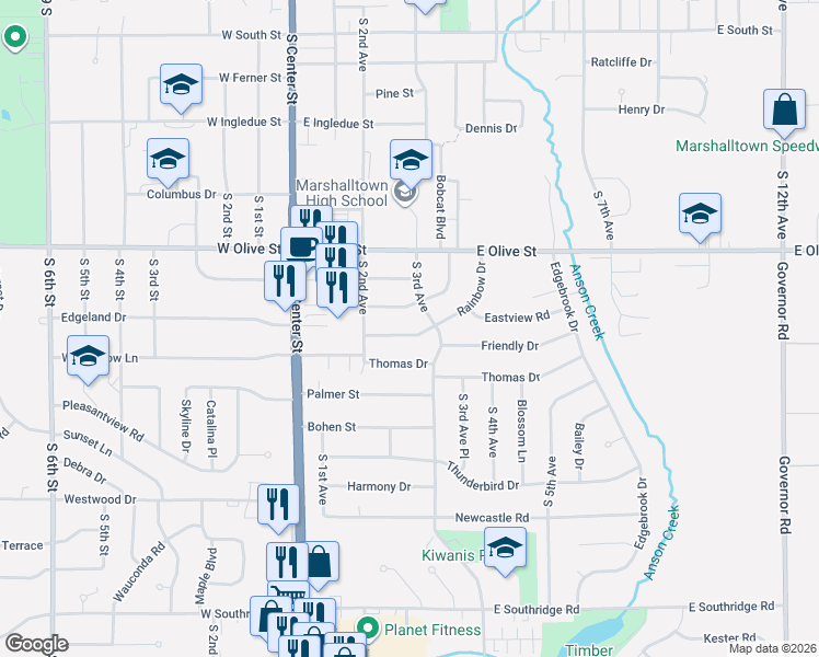 map of restaurants, bars, coffee shops, grocery stores, and more near 209 Rainbow Drive in Marshalltown