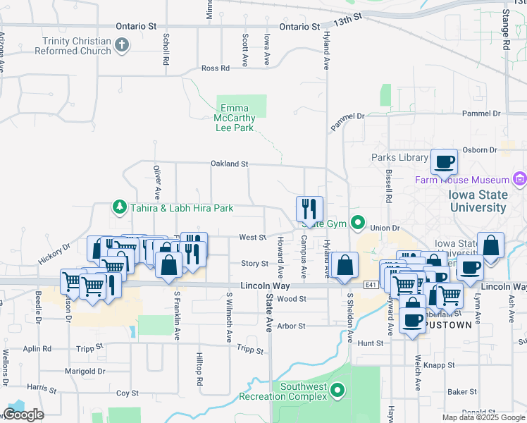 map of restaurants, bars, coffee shops, grocery stores, and more near 3112 Ellis Street in Ames