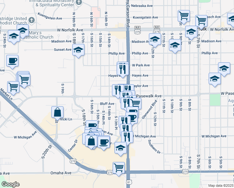 map of restaurants, bars, coffee shops, grocery stores, and more near in Norfolk