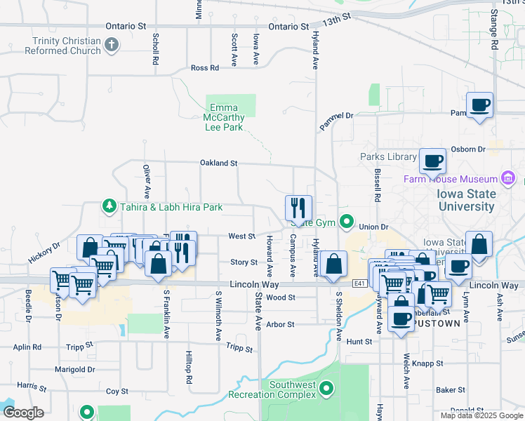 map of restaurants, bars, coffee shops, grocery stores, and more near 2921 Woodland Street in Ames