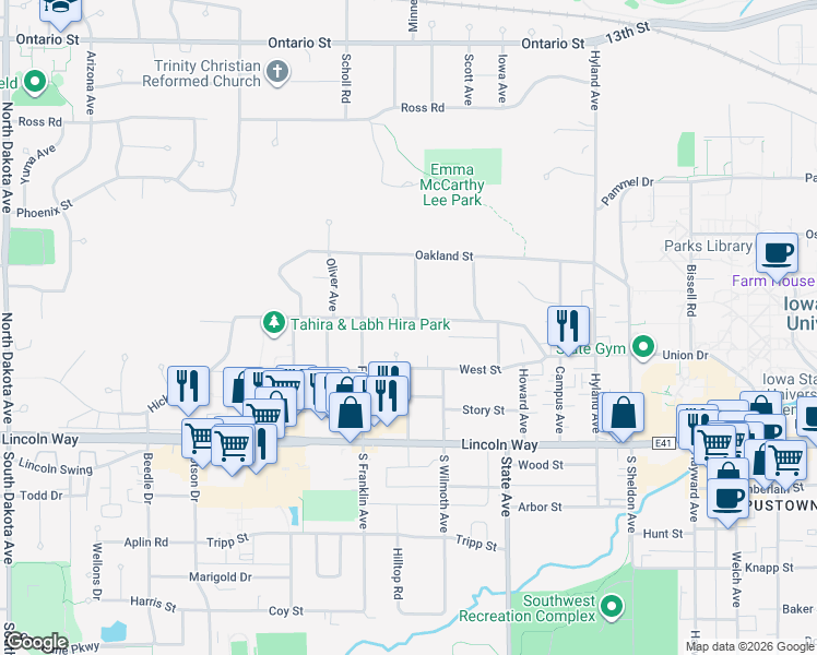 map of restaurants, bars, coffee shops, grocery stores, and more near 3406 Woodland Street in Ames